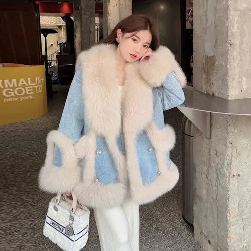 Denim Fur Splicing Coat Women&