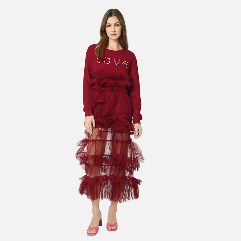 European and American round neck mesh patchwork hoodie dress for women French long sleeved skirt