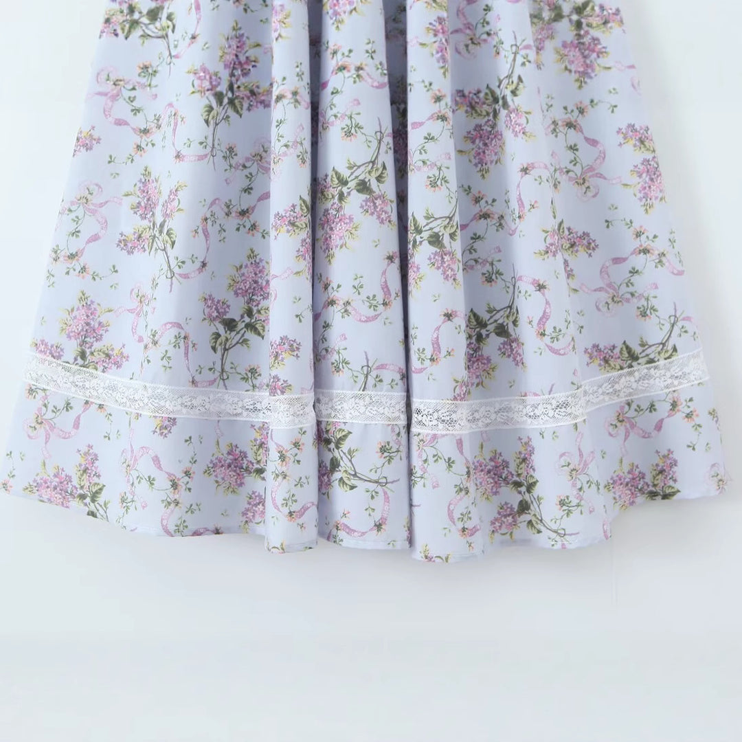 Splicing lace printed waist cinching suspender dress