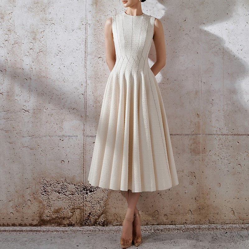 French high-end three-dimensional voluminous waist cinched long skirt with striped temperament slimming sleeveless dress