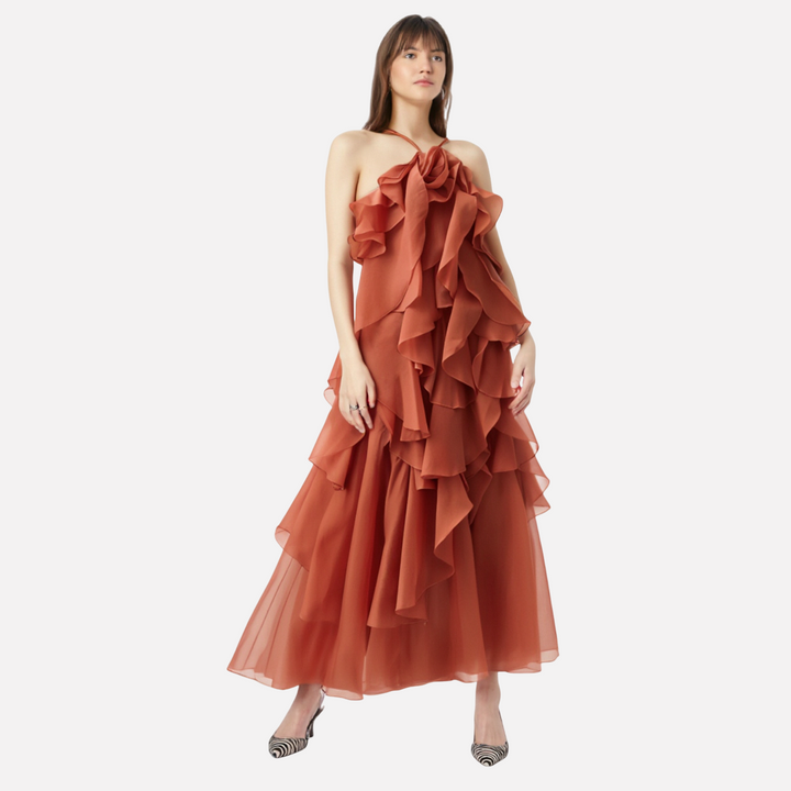 Splicing lotus leaf edge skirt with hanging neck and exposed back design long dress for women