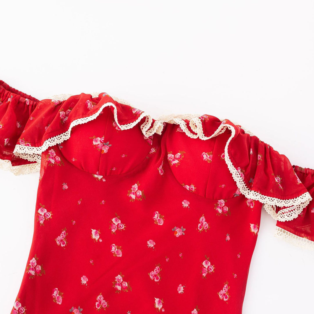 One-Shoulder Lace Hem Red Base Floral Print Dress