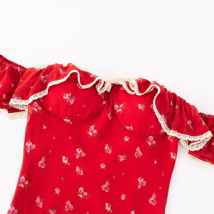One-Shoulder Lace Hem Red Base Floral Print Dress