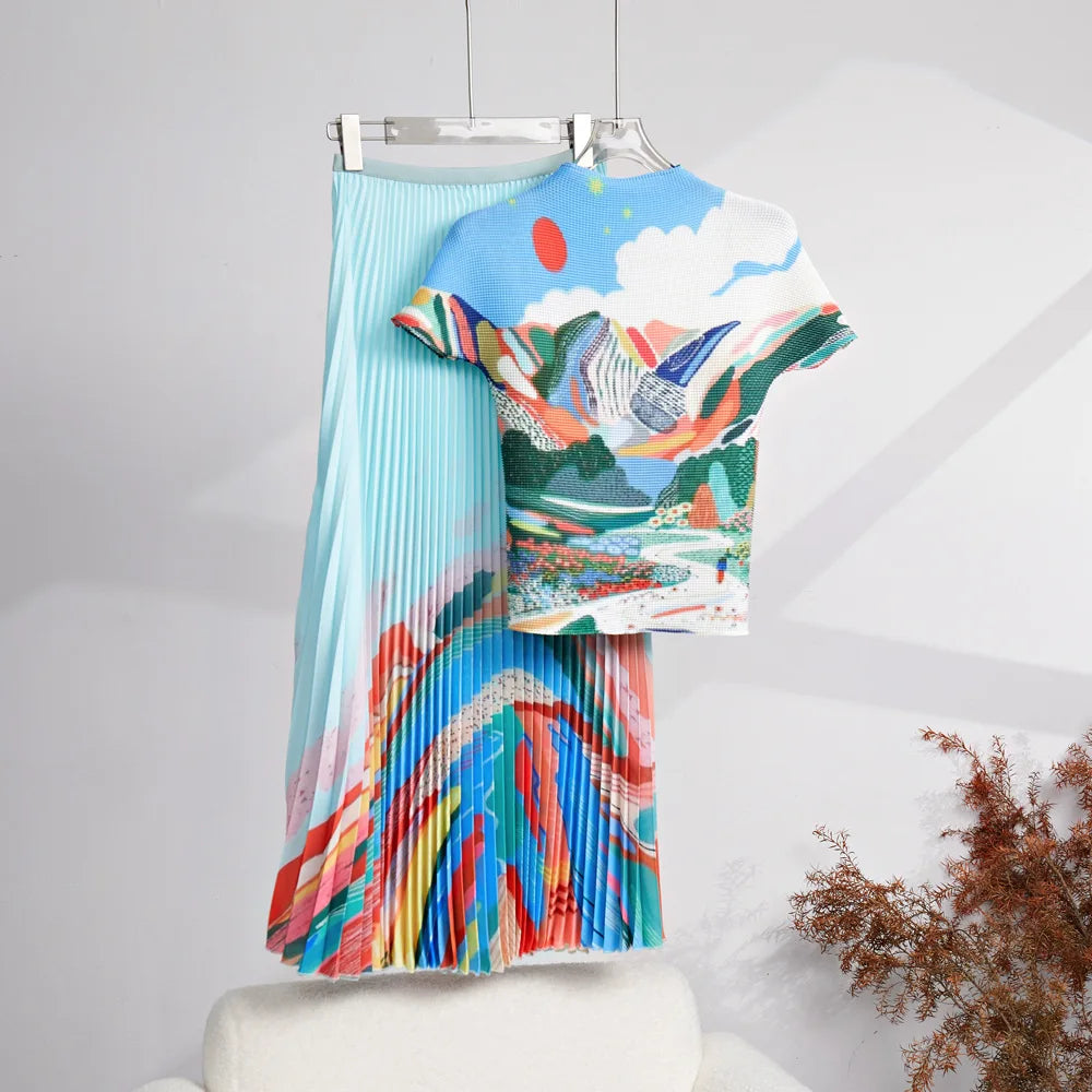 Summer High End Fashion Versatile Short Sleeve T-shirt New Print Pleated Top+Long Pleated Half Skirt Ins Fashion