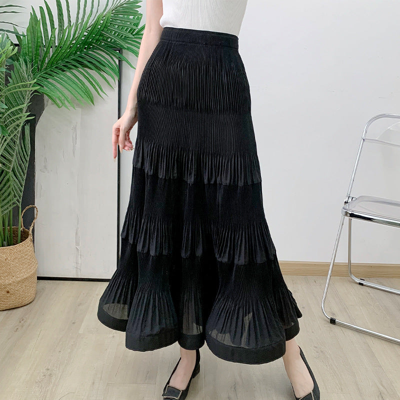 Elastic waist pleated skirt for women&
