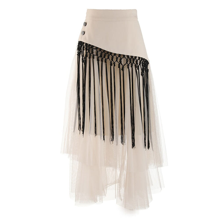 Patchwork Tassels Mesh Skirt For Women High Waist A Line Casual Midi Skirts Female Summer Clothing Style New