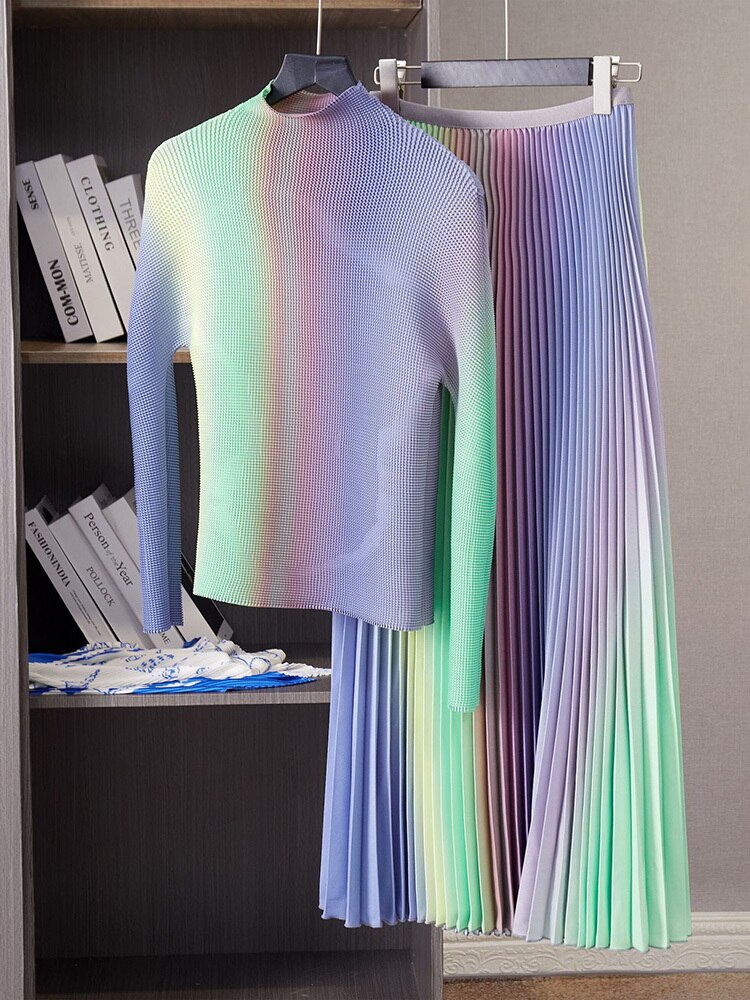 Pleated Casual Pleated Gradual Women Top Elegant A-line Skirt Loose Long Sleeve Lady Cloth Spring Summer