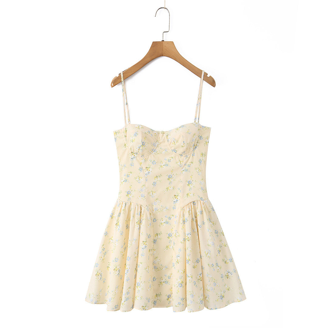 Holiday style floral waist cinching camisole dress