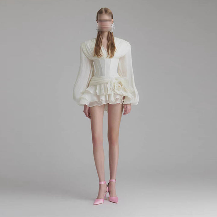 French Elegant Noble Ruffle Hem Short Dress V-Neck Bubble Sleeve 3D Flower Dress Summer Women