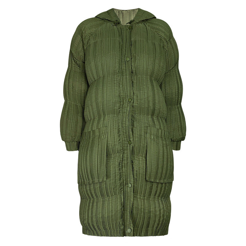 Long Plush Hooded Puffer Jacket for Women - Slimming Warm Cotton-Padded Parka with Pleated Design