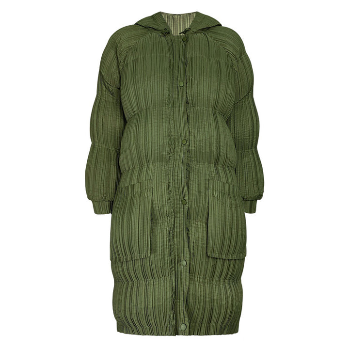 Long Plush Hooded Puffer Jacket for Women - Slimming Warm Cotton-Padded Parka with Pleated Design