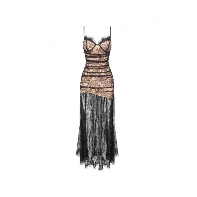 French high-end light-luxury and niche lace suspender mermaid dress waist-cinching design for women&