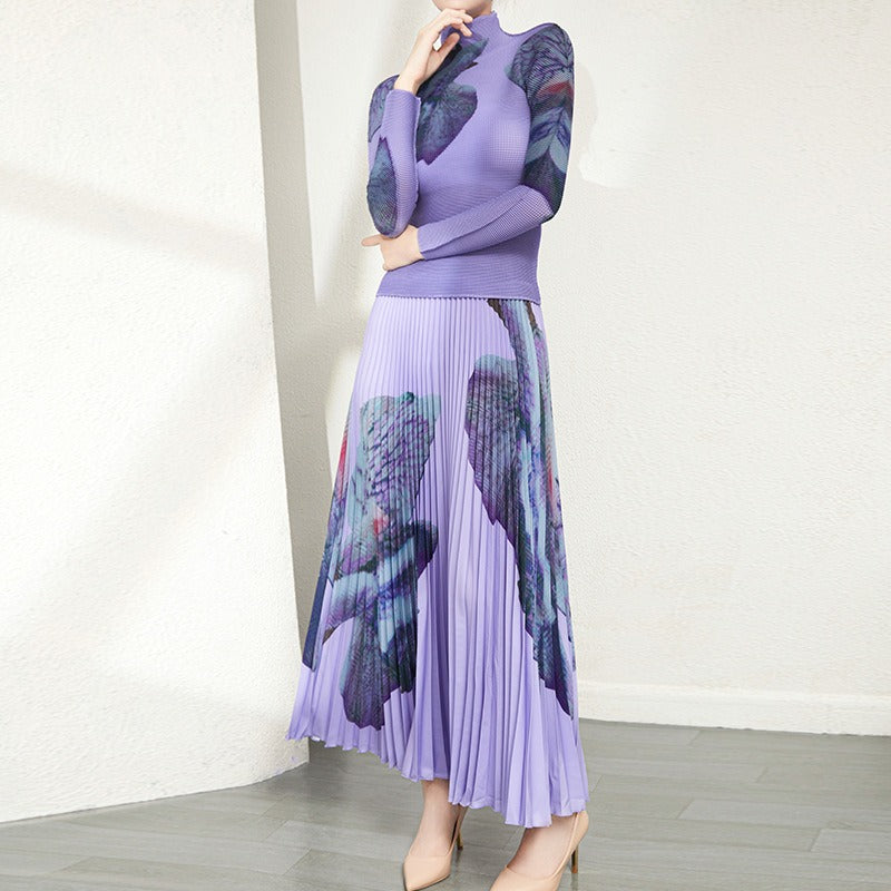 New Printed Top Half Skirt High end Fashion Two Piece Set High end Three House Pleated Set for Women