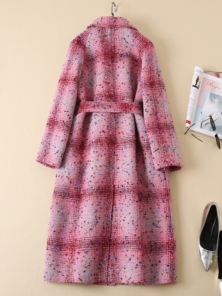 Retro Style Single Breasted Red Plaid Printed Long Sleeved Lace Windbreaker Coat Women&