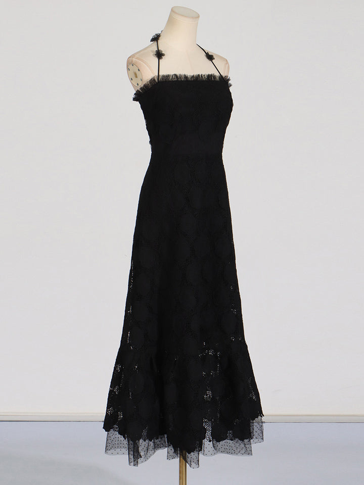 3D Flower Hanging Neck Embroidered High Waist Dress for Women