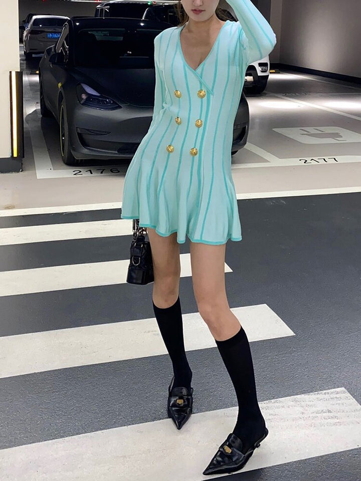 Short Tweed Dress With Gold-Tone Buttons Sexy Green Striped V-Neck Zip Mini Dresses Fall Women&