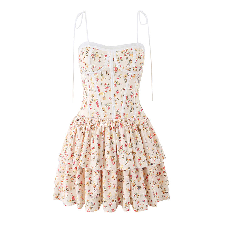 Pink Floral Strap Dress for Women, Tea-Length Mini Skirt, Fitted Waist Cake Style Dress