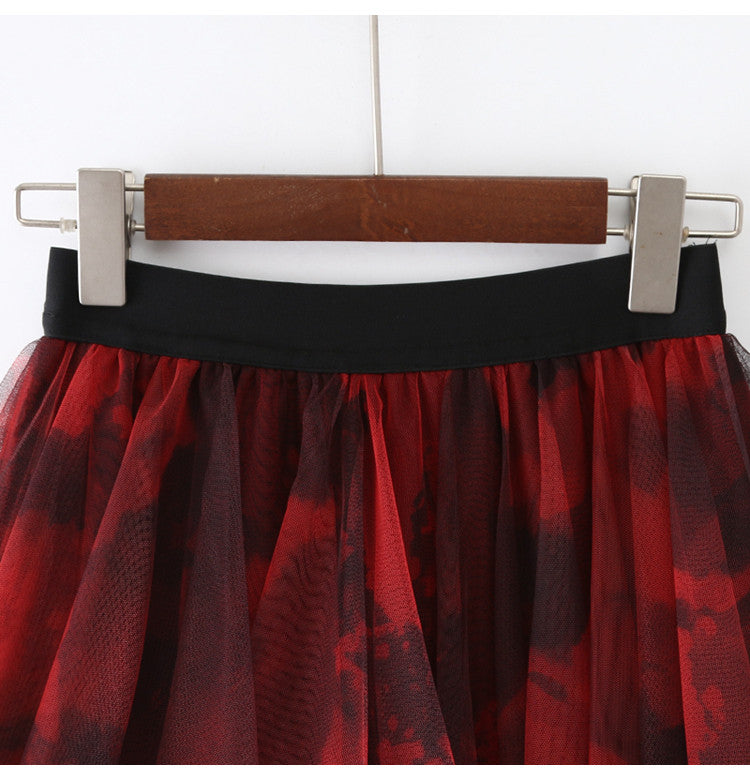 Lace cake-style tulle skirt with tie-dye print, super fairy-like skirt, irregular mesh midi skirt