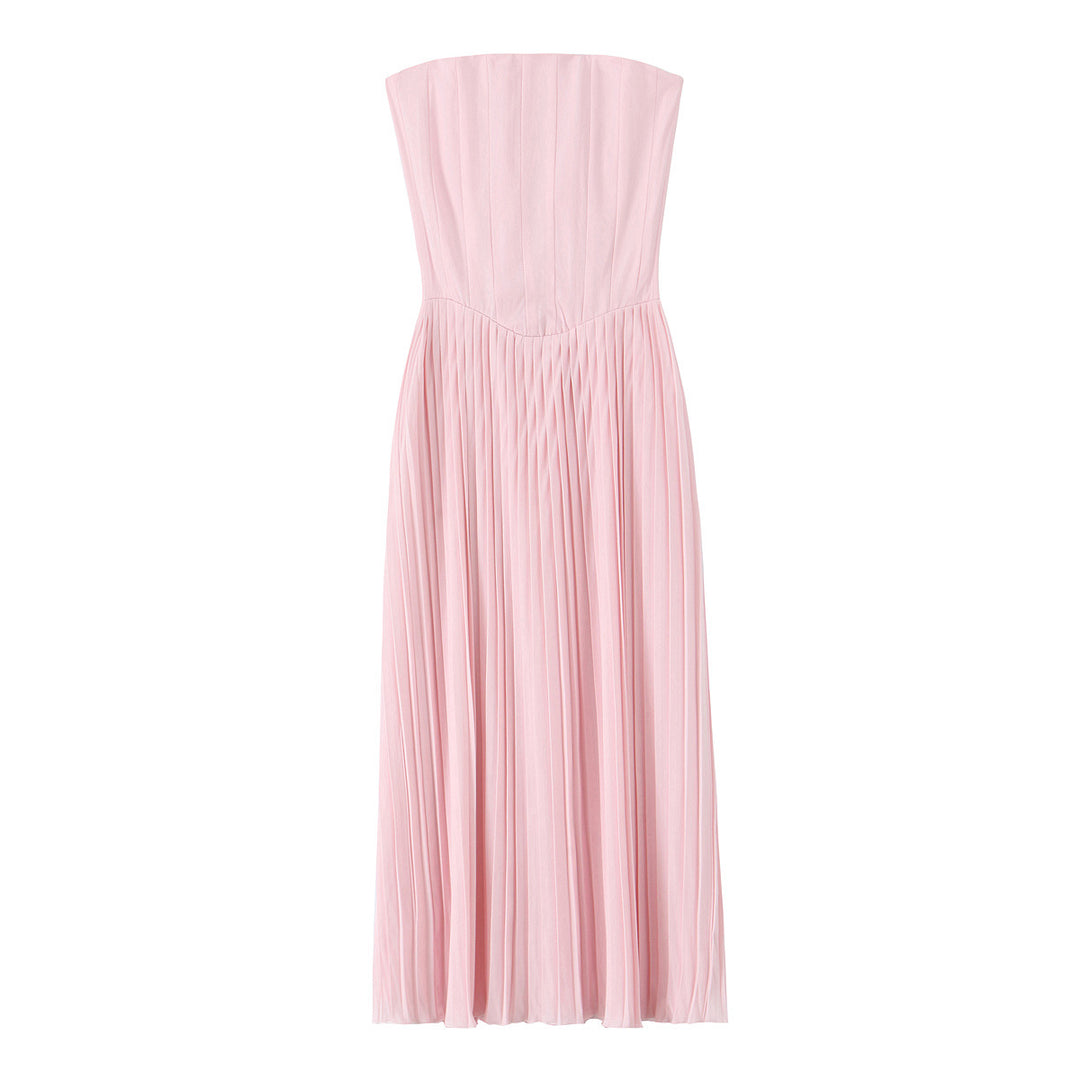 Pink pleated waistband mid length dress
