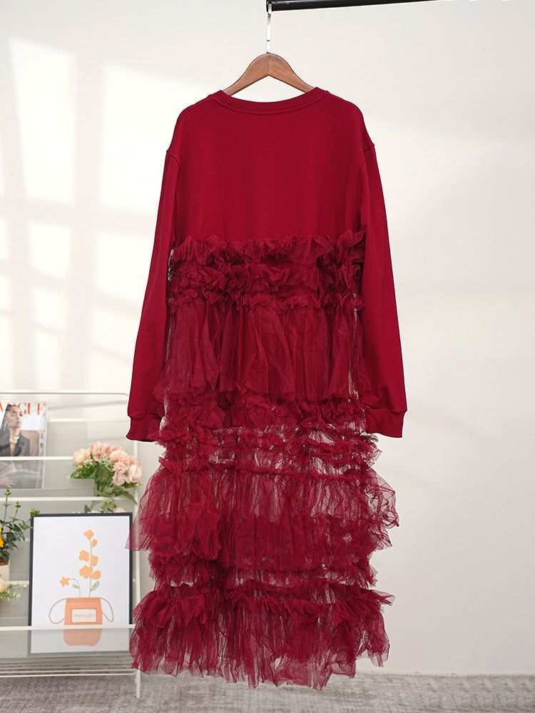 European and American round neck mesh patchwork hoodie dress for women French long sleeved skirt