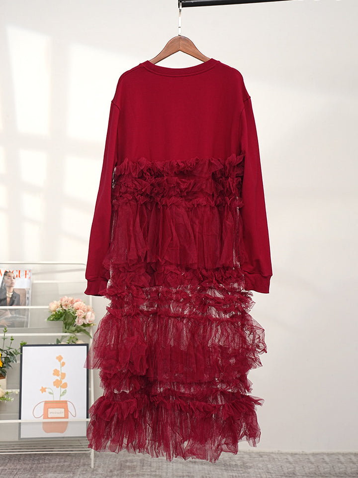 European and American round neck mesh patchwork hoodie dress for women French long sleeved skirt