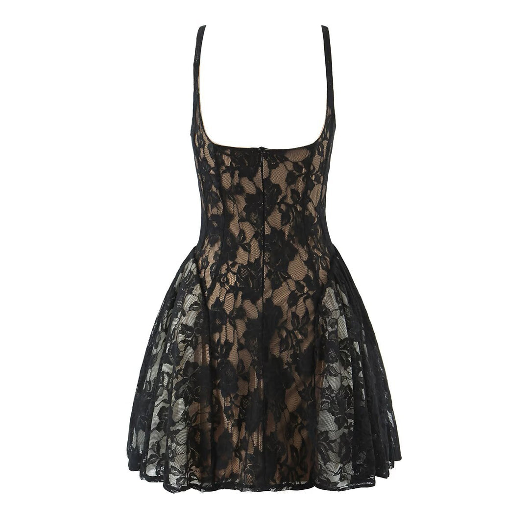 Splicing lace mesh slim fit suspender dress