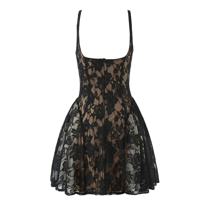 Splicing lace mesh slim fit suspender dress
