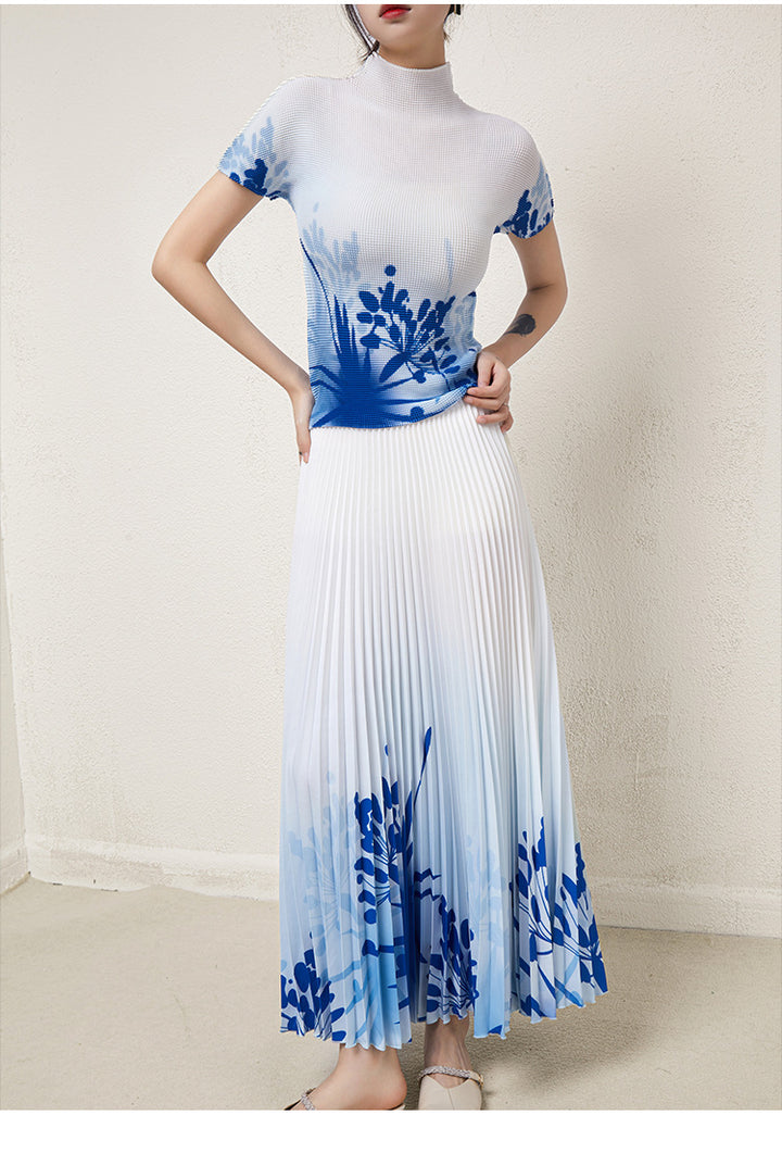 New Pleated d Skirt Fashion Two-Piece SetTop Printe
