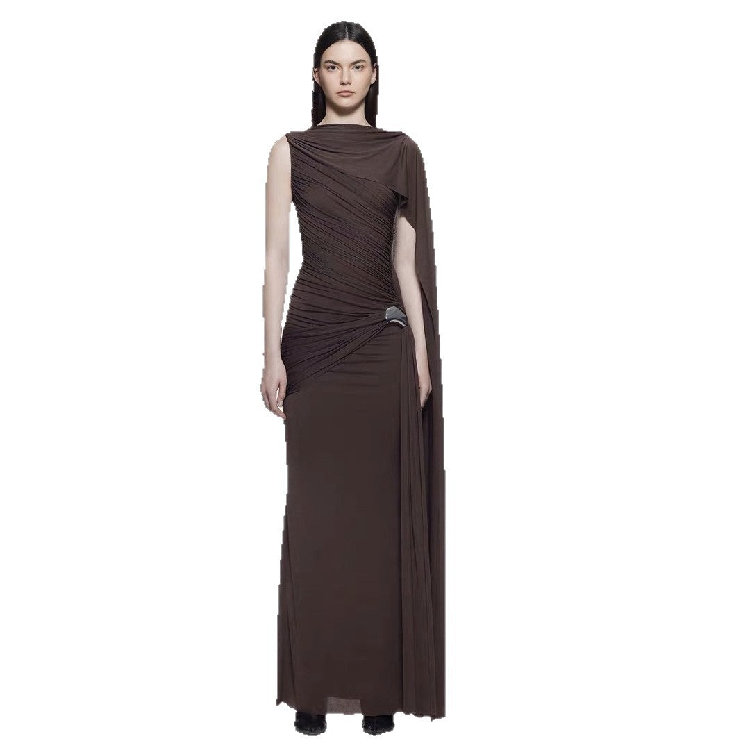 Knitted Sleeveless Pink Ribbon Pleated Floor-Length Dress with Scarf Detail