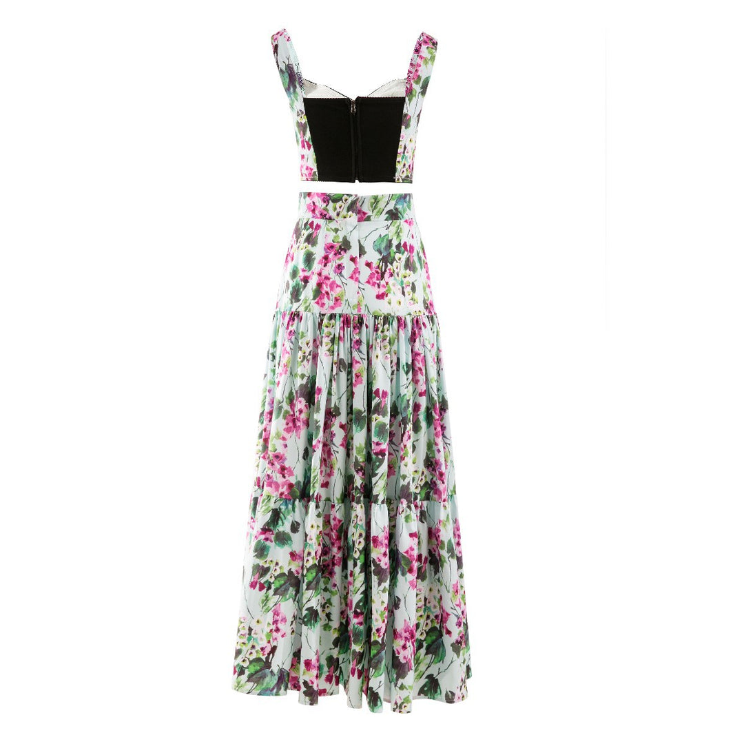 Spring And Summer Quality New Ladies Temperament Mid-Length Cotton Green Skirt Suit Tube Top + High Waist Printed Long Skirt