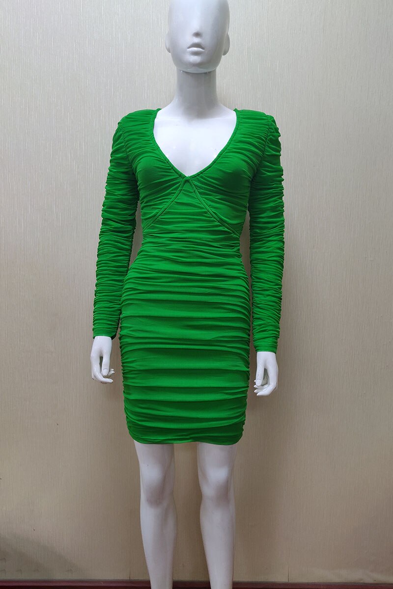 Summer New Mesh Pleated Long Sleeve Collar Sexy Slim Bandage Dress Evening Dress