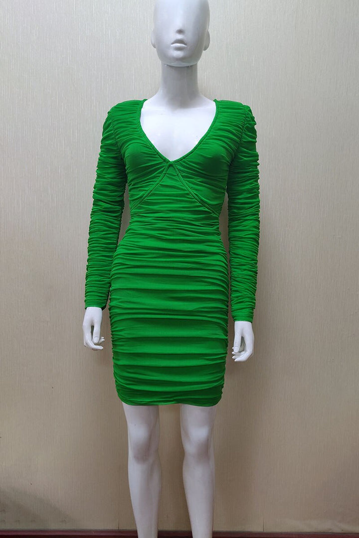 Summer New Mesh Pleated Long Sleeve Collar Sexy Slim Bandage Dress Evening Dress