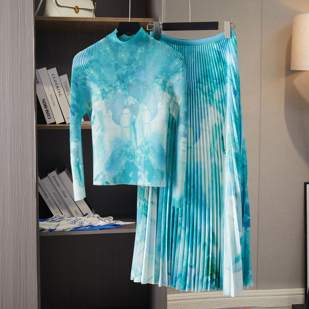 Long Sleeve 2 Pieces Set Pleated New Slim Elastic Print Elegant Top Fashion A-line Skirt Lady Cloth Autumn Winter