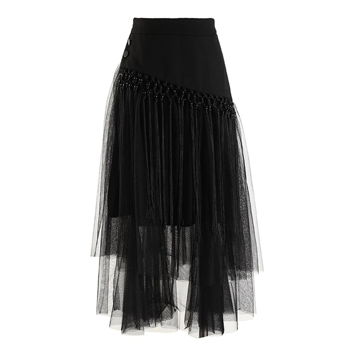Patchwork Tassels Mesh Skirt For Women High Waist A Line Casual Midi Skirts Female Summer Clothing Style New