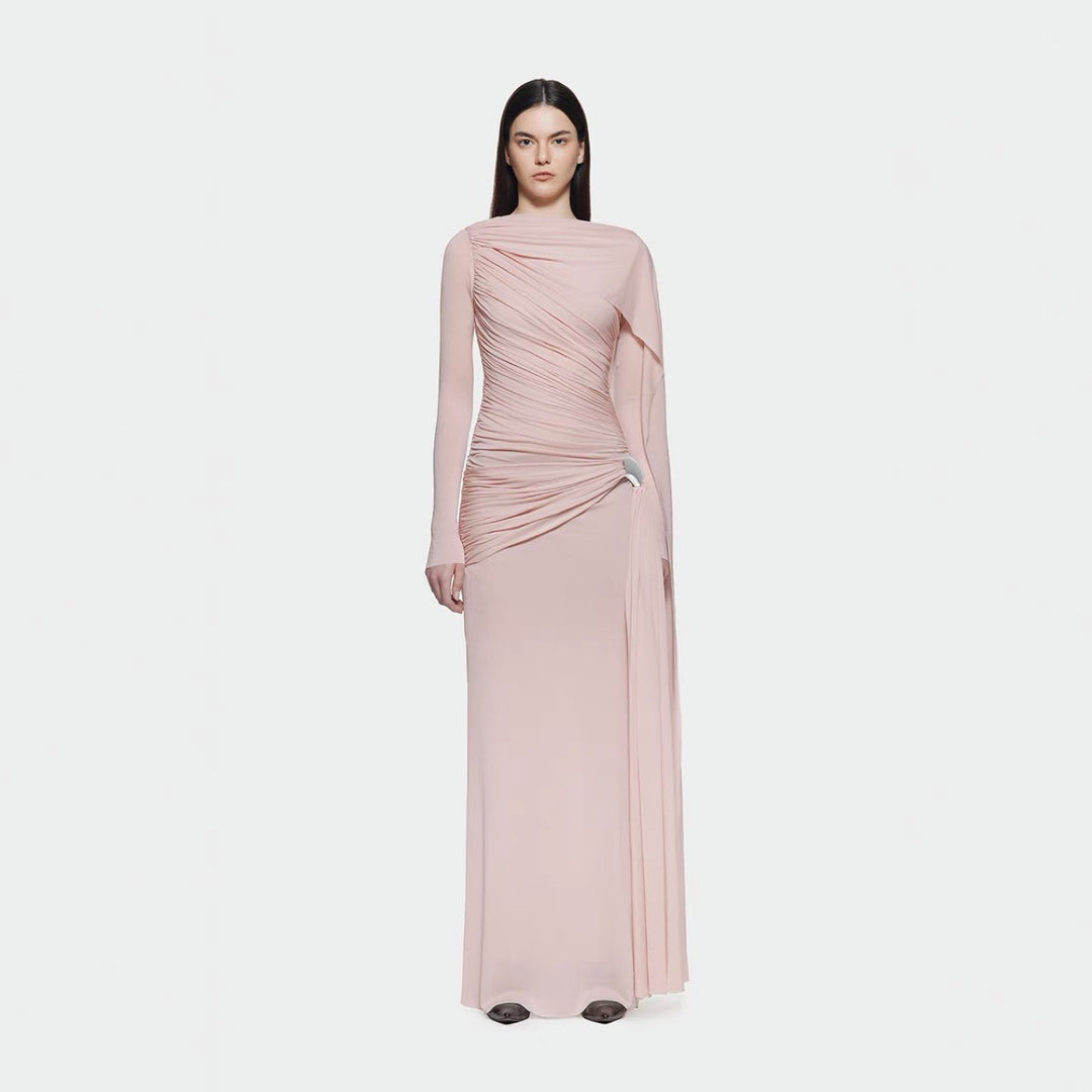 Solid color pleated asymmetrical minimalist slim fit dress