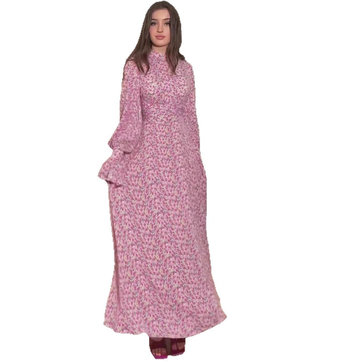 Floral Satin Summer Design Gentle Style Loose Tie Waist Dress with Floral Pattern Long Dress