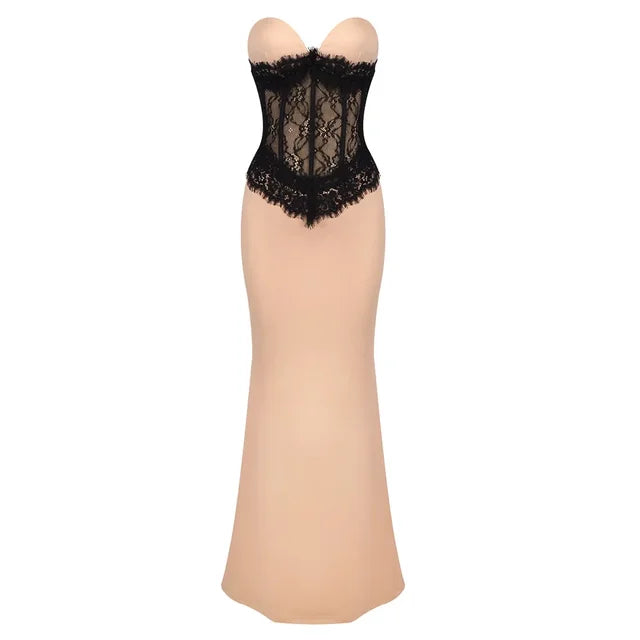 New Sexy Apricot Strapless Lace Elastic Long Dress For Women&