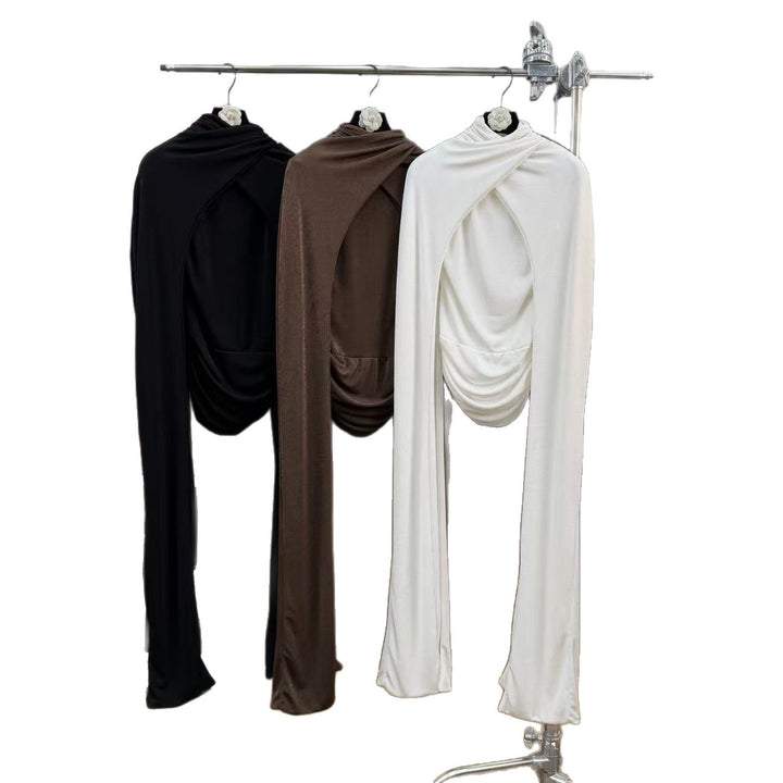 Half high neck pleated waist slimming knitted long sleeved T-shirt