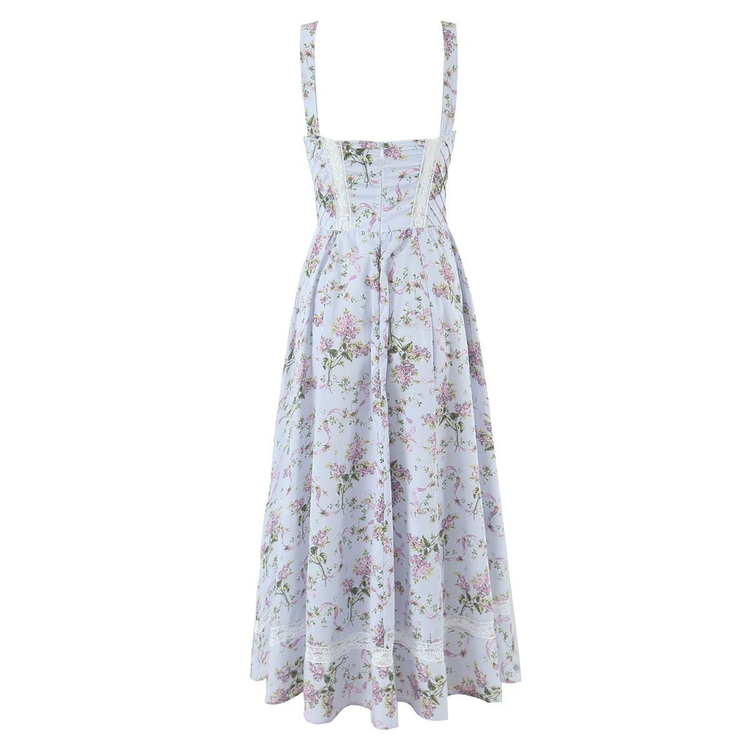 Splicing lace printed waist cinching suspender dress