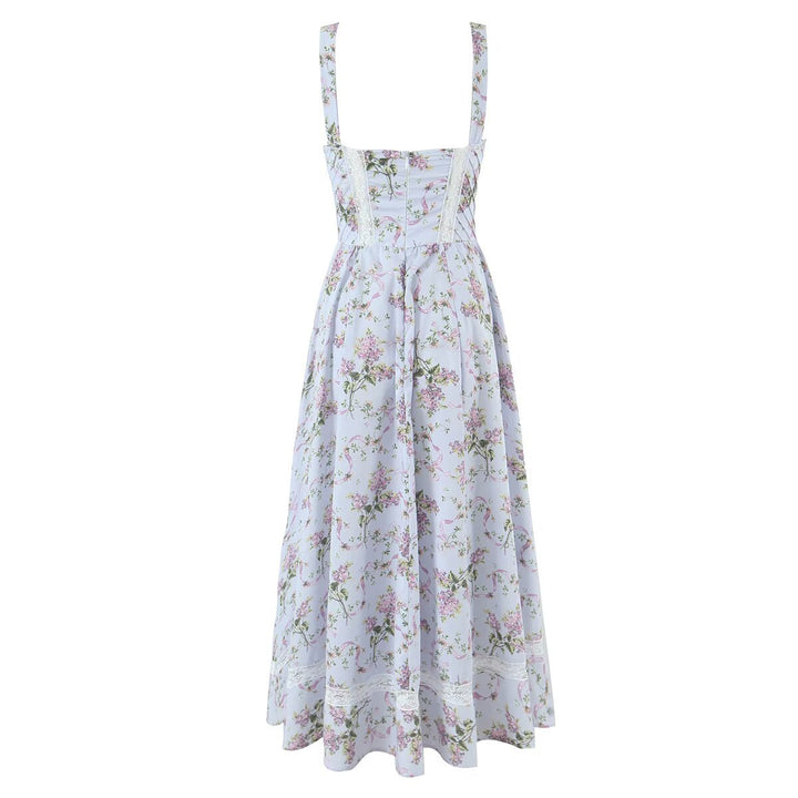 Splicing lace printed waist cinching suspender dress