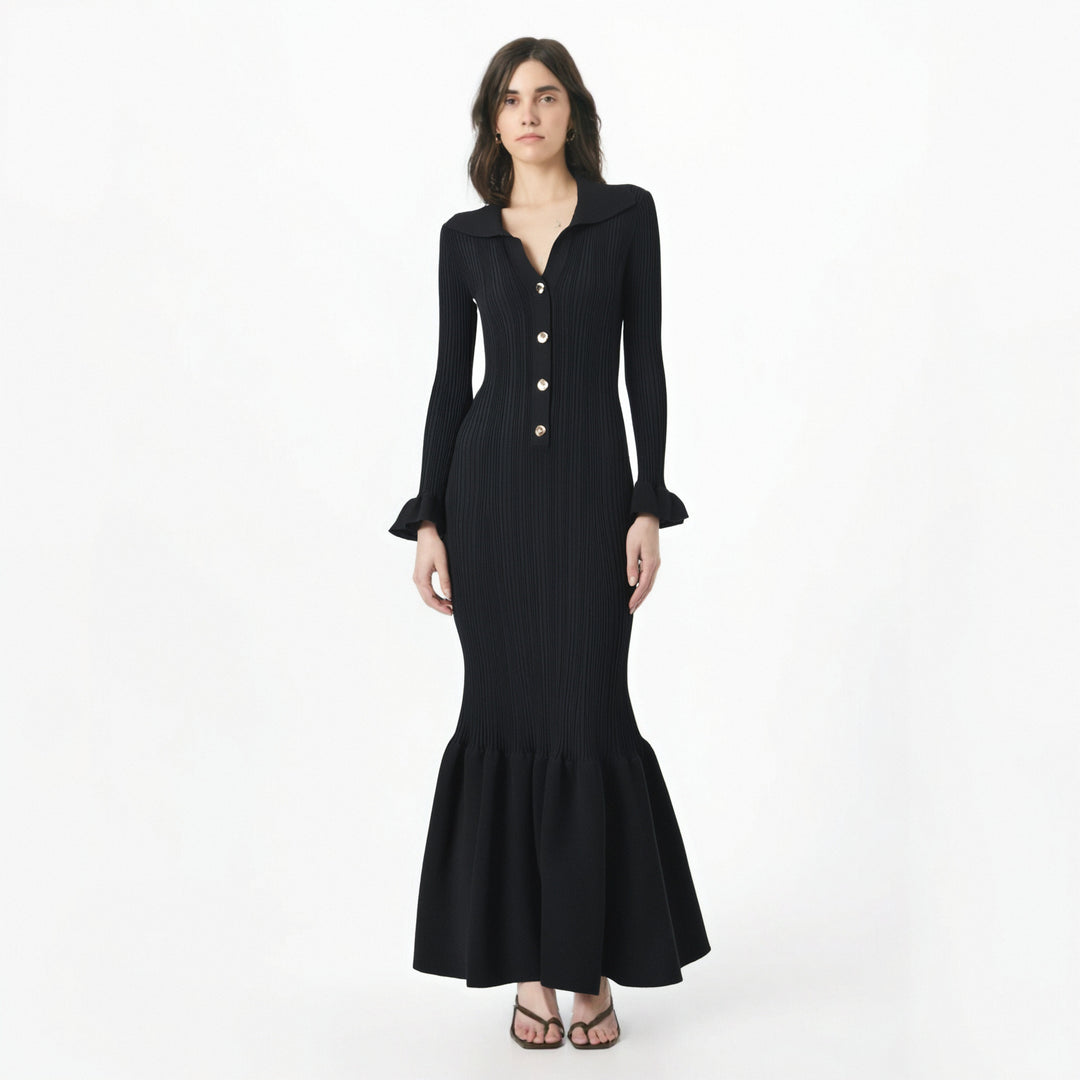 Elegant and fashionable black slim-fitting knitted fishtail long dress