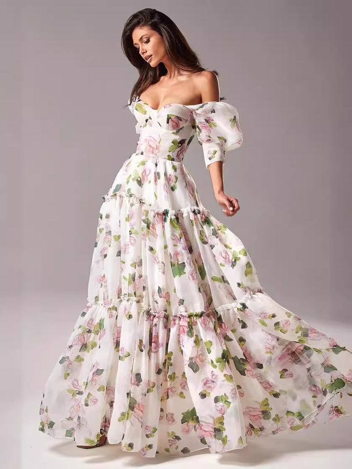 Shoulder-baring Elegant Organza Long Formal Evening Dress for Women Fashionable and Chic Spring/Summer Style