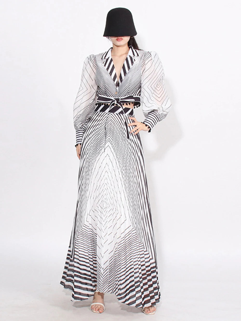 Striped lace up shirt+high waisted skirt set of two pieces