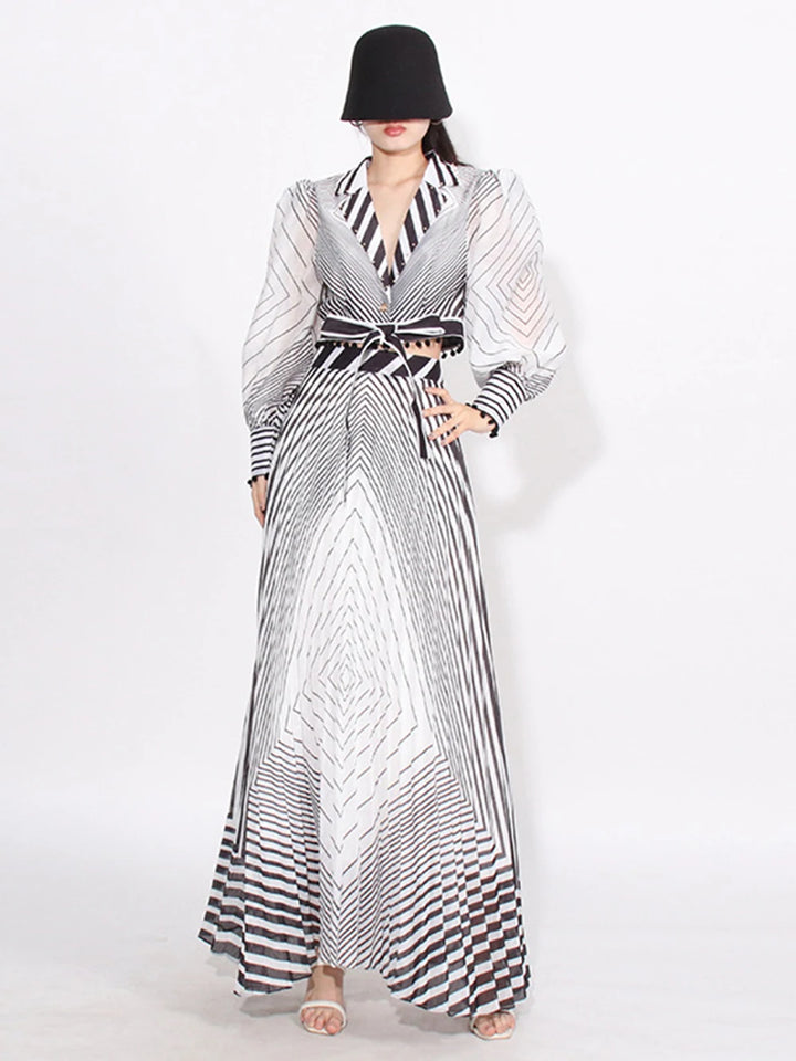 Striped lace up shirt+high waisted skirt set of two pieces
