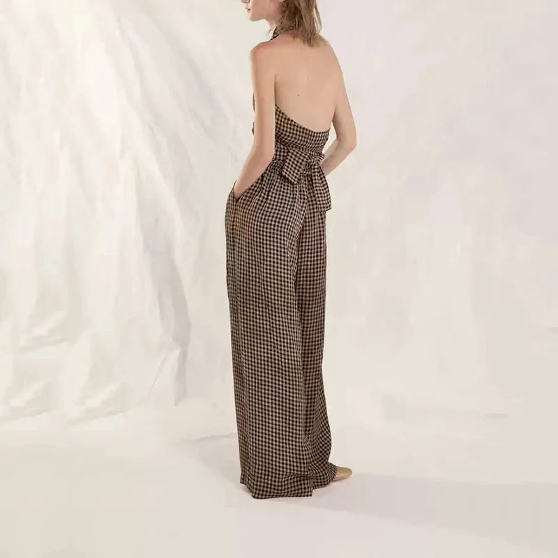Commuter Loose y2k Elastic High Waist Tie Wide Leg Casual Pants Vintage Plaid Loose Hundred Women&