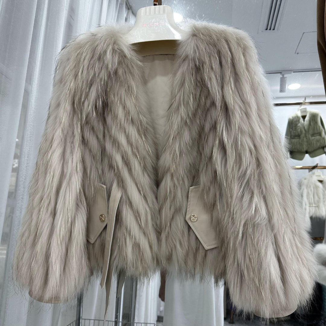 Raccoon fur grass coat, woven with car stripes, women&