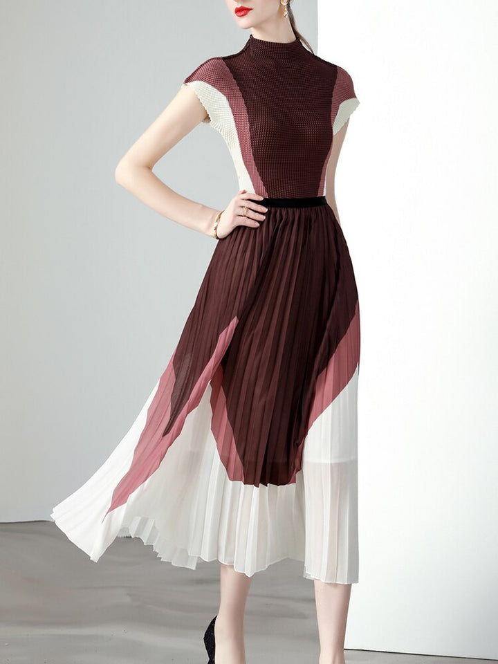 Summer Pleated Two Piece Sets For Women Mock Neck Short Sleeve Print Top Elastic Waist Loose Skirt Female Set
