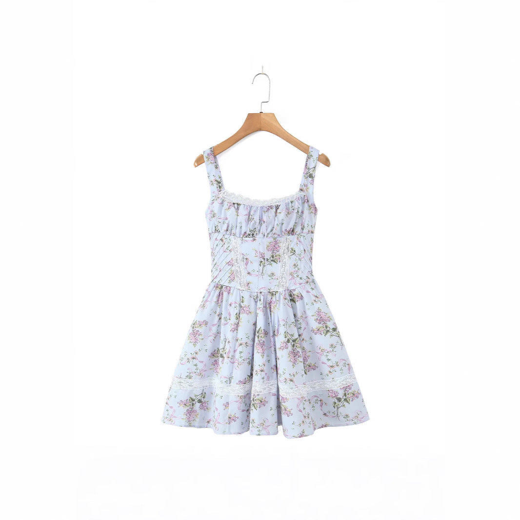 Lace V-neck printed suspender irregular dress short skirt