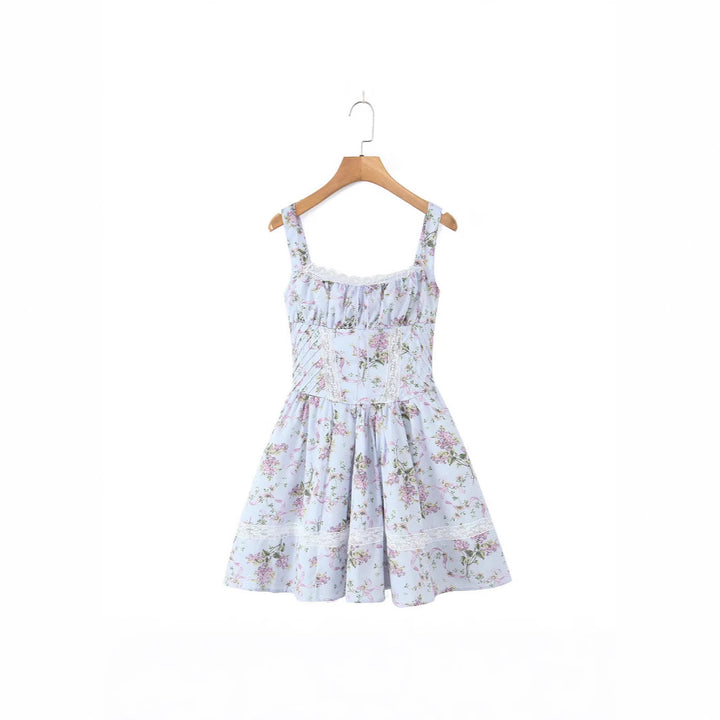 Lace V-neck printed suspender irregular dress short skirt