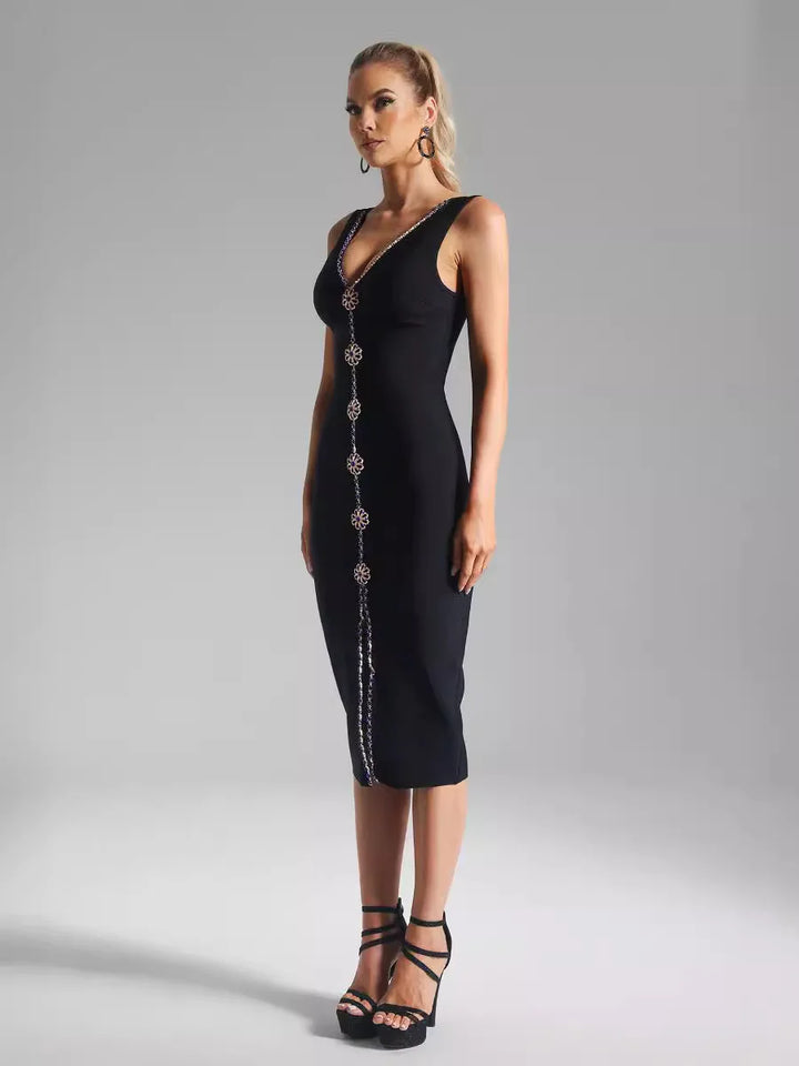 Black strap blue diamond inlaid mid size dress